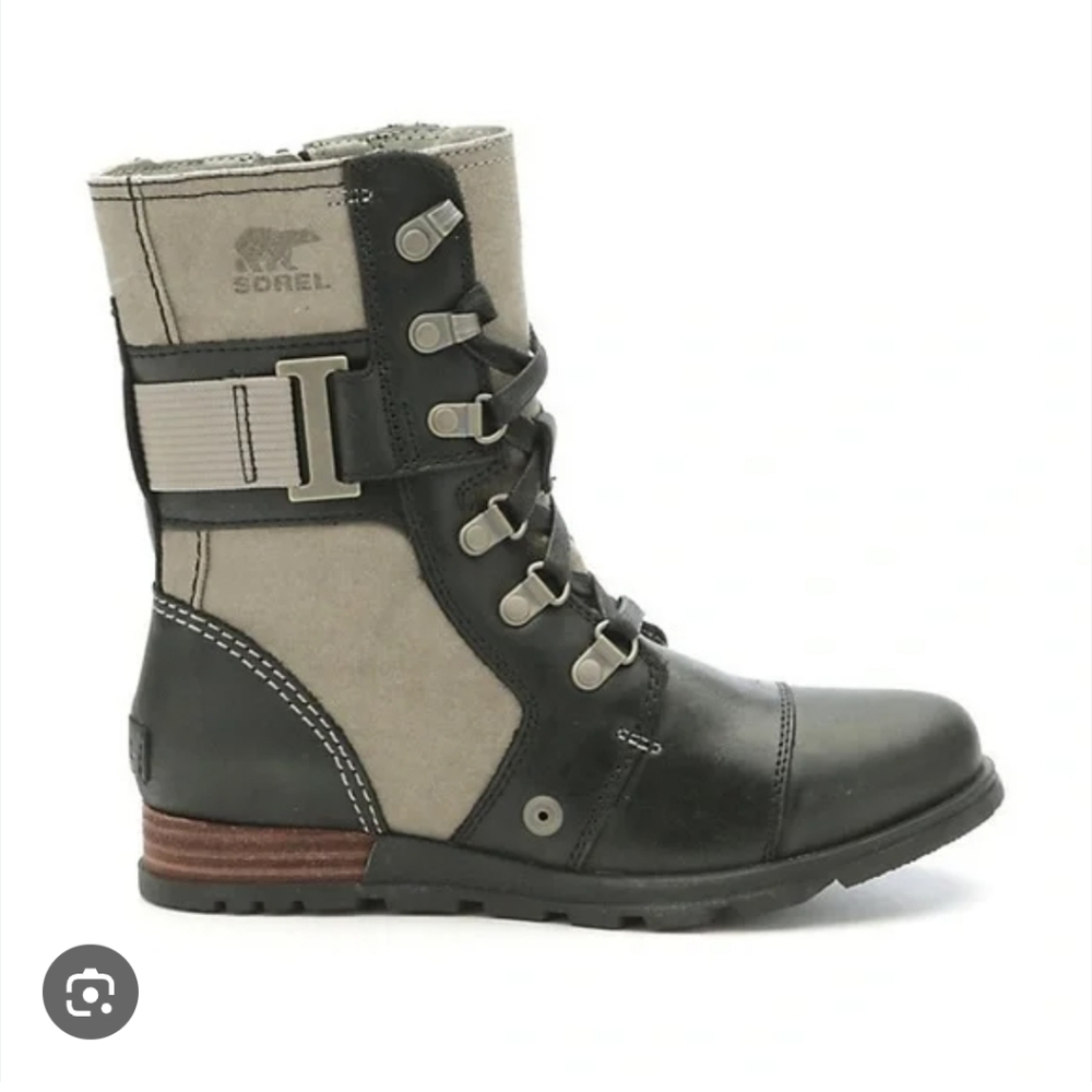 Sorel Major Carly Black Leather & Grey Canvas Hi Top Booties Size 6.5